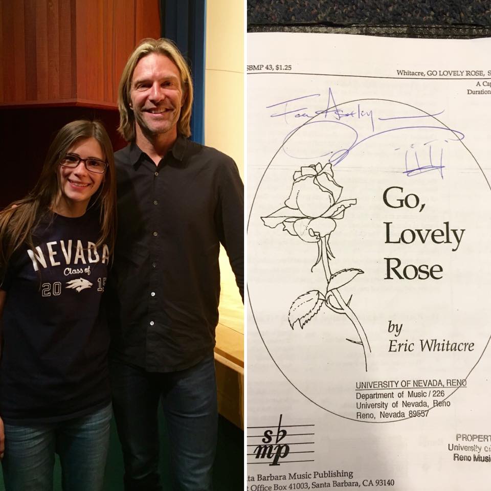 Picture of Ashley and Eric Whitacre, choral composer on left and then a signed score by Eric on the right, reading, "For Ashley" with Whitacre's signature and music notes.