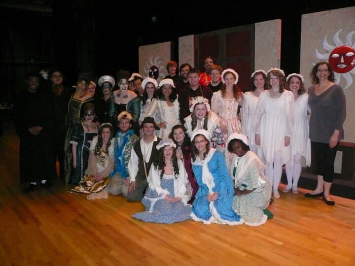 Opera group in costumes on stage, the opera The Magic Flute